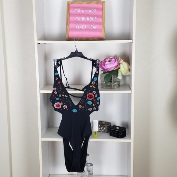 Floral Embroidered Black One Piece Plunge swimsuit SZ L NWT - Picture 3 of 8